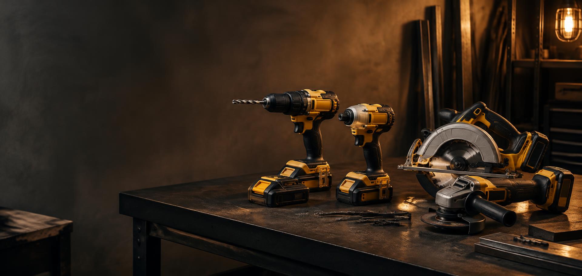 Cordless power tools on a workshop bench